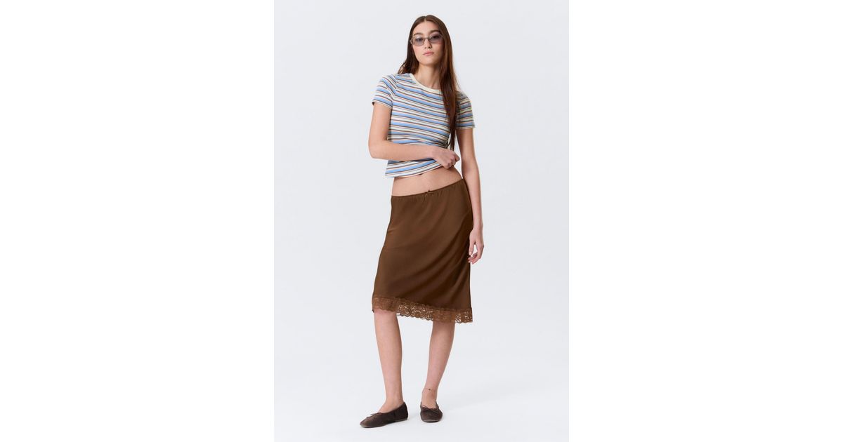 Monki 05913267 Monki Satin Lace Midi Skirt in Brown | Lyst UK
