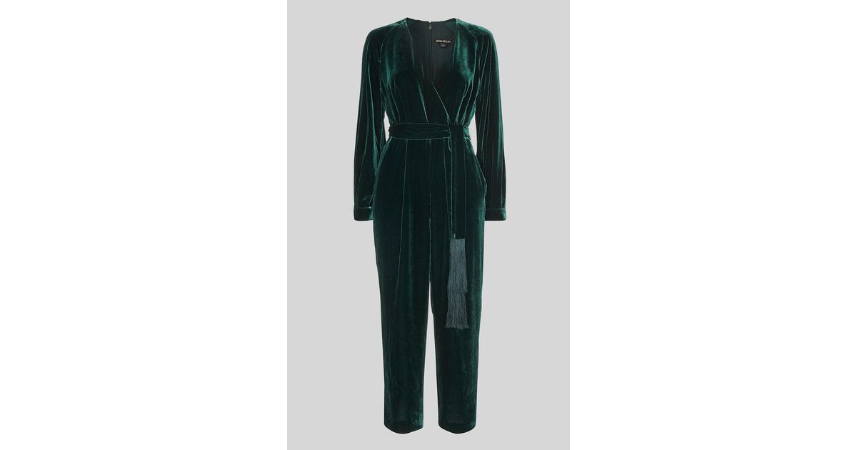 Whistles Thea Wrap Velvet Jumpsuit in Green | Lyst