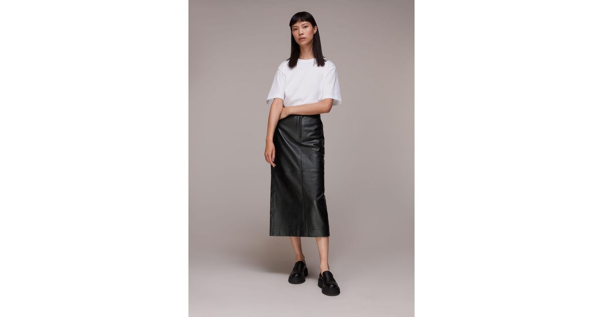 Whistles Jamie Leather Midi Skirt in Black | Lyst