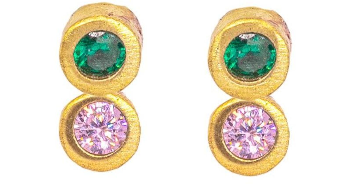 Lily Flo Jewellery Disco Dot Emerald And Pink Sapphire Stud Earrings in ...