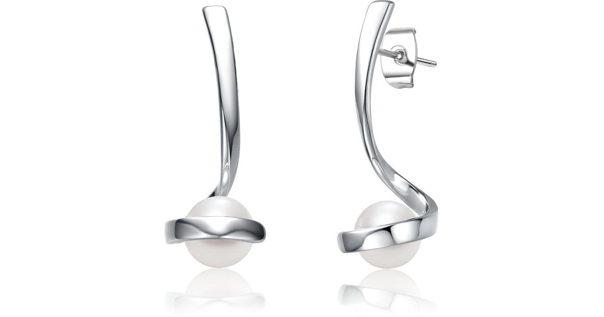 Genevive Jewelry Delphine Silver Ribbon Pearl Earrings in Metallic | Lyst