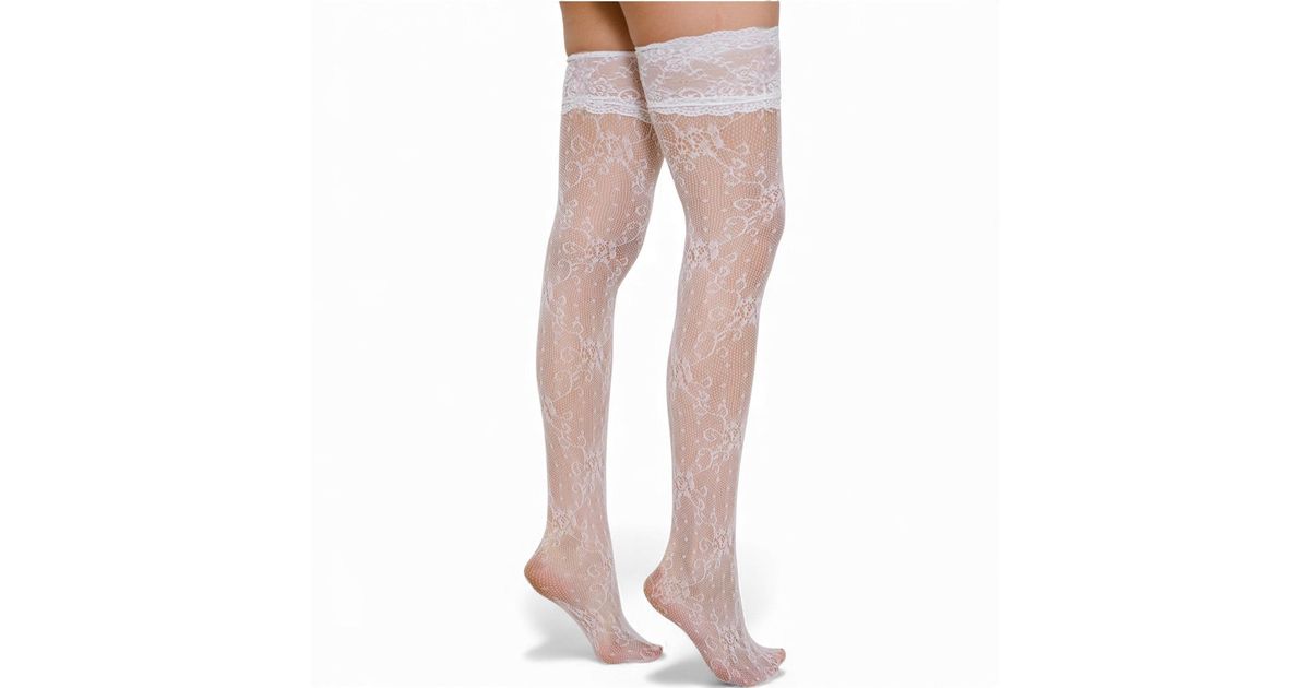 HIGH HEEL JUNGLE by KATHRYN EISMAN Lace Thigh High Socks in White | Lyst