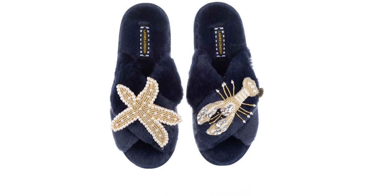 Laines London Classic Laines Navy Slippers With Double Pearl Gold