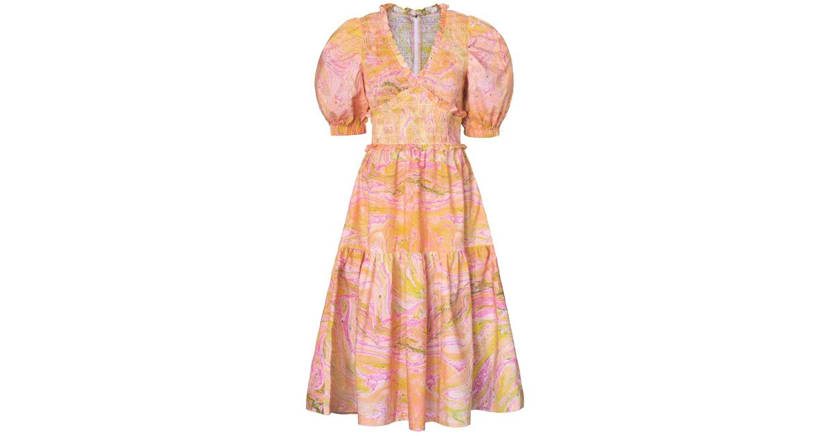 Jessie Zhao New York Astrid Marble Smocked Midi Dress in Orange | Lyst
