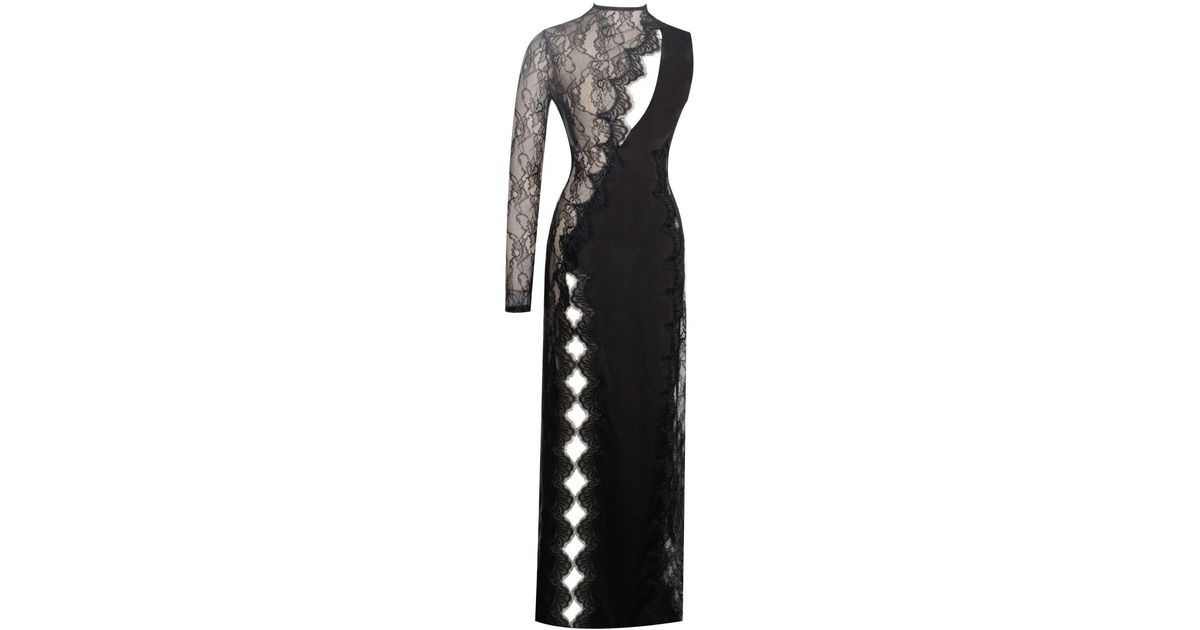 sustainable black maxi dress One Shoulder Layered Black Lace Long Prom Dresses with High Slit, Black  Lace Formal Dresses, Black Evening Dresses SP2611