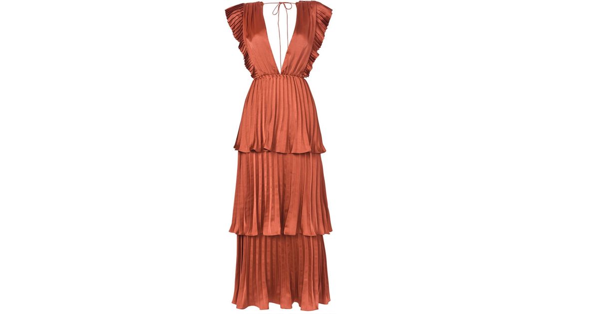 Rust Brown Pleated Tiered Midaxi Dress ...