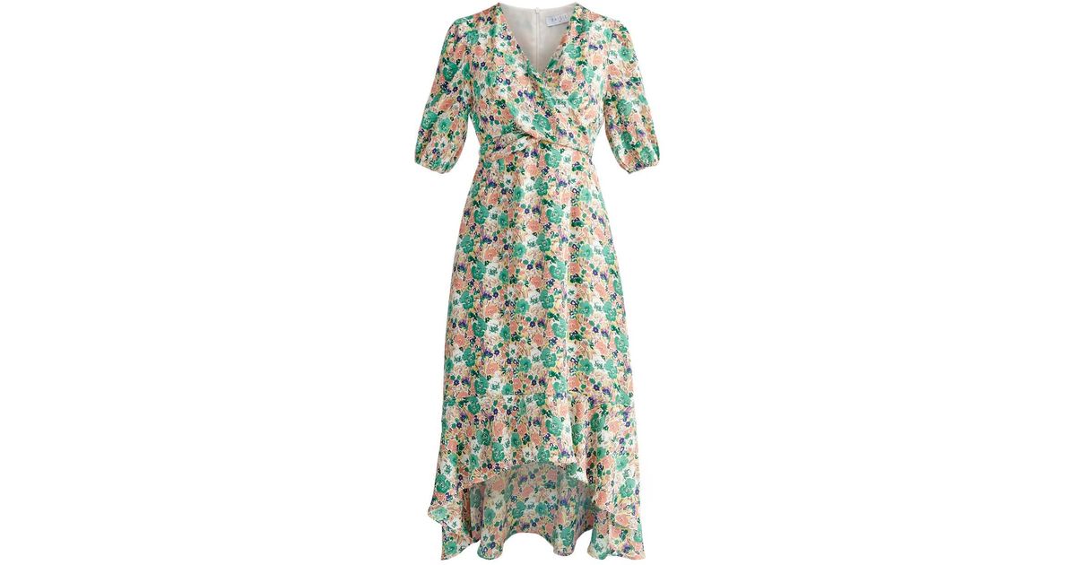 Paisie Floral Dip Hem Wrap Dress in Green | Lyst