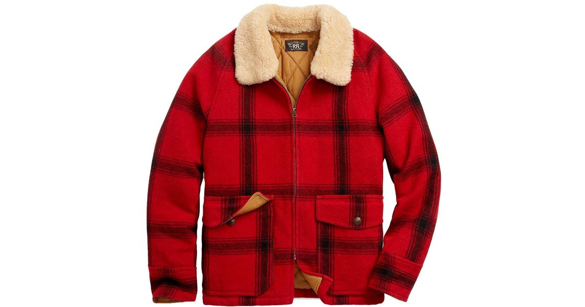 RRL Shearlingcollar Plaid Wool Jacket in Red for Men Lyst