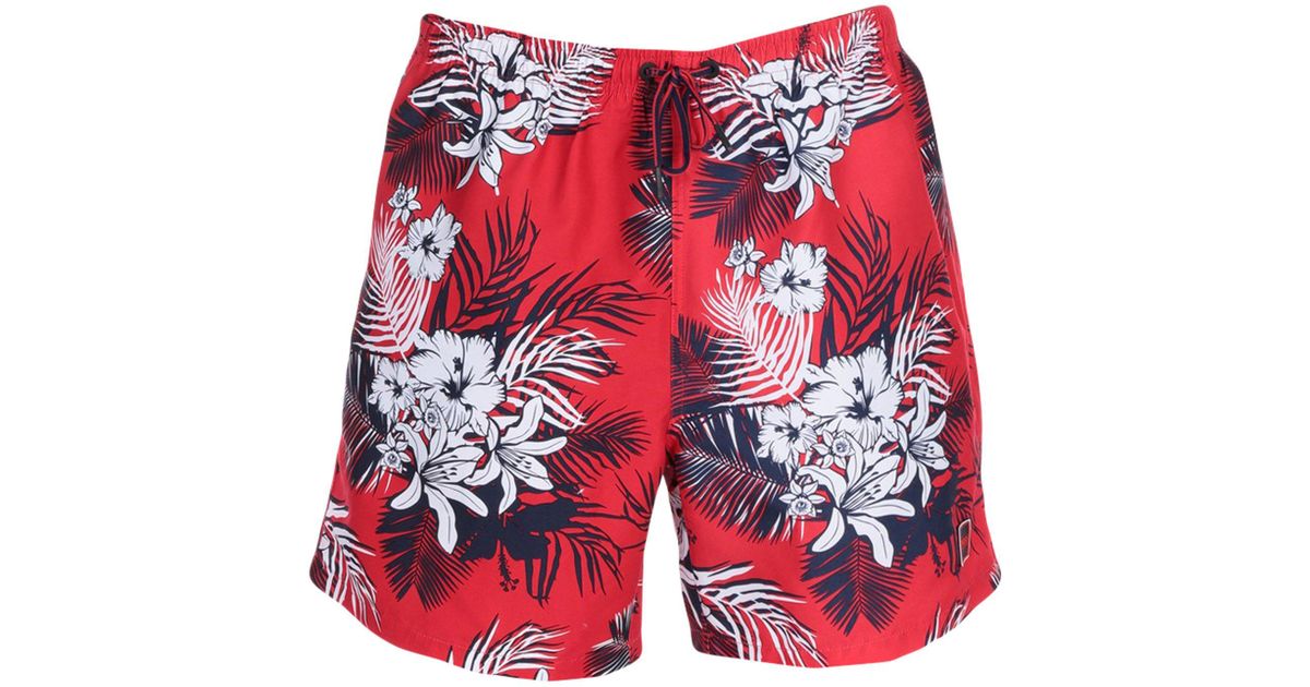 black and red swim trunks