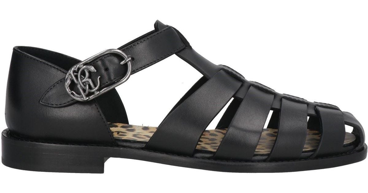 $750 NIB Cavalli Class by Roberto Cavalli Logo Leather Fisherman Sandals 8 M ROBERTO CAVALLI 5489 Black Criss Cross Print Leather Logo  main image 4