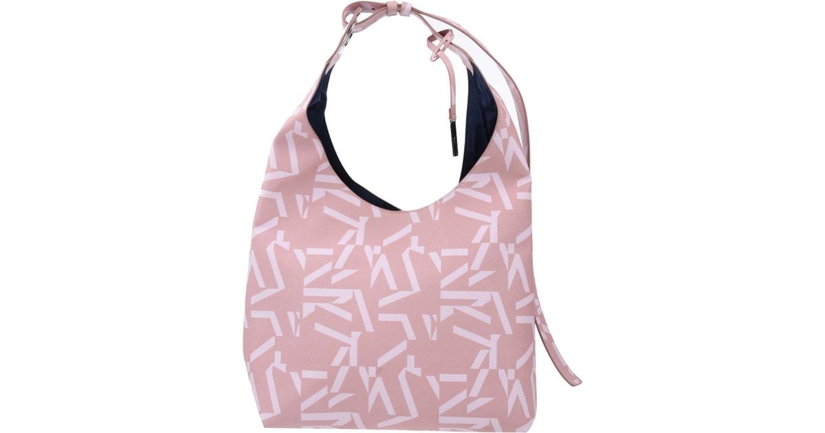 navy and pink handbag