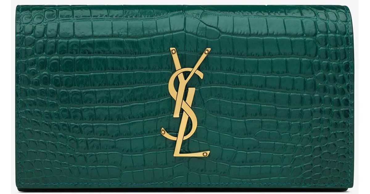 Saint Laurent Monogram Croc Embossed Leather Card Case In Foliage Green
