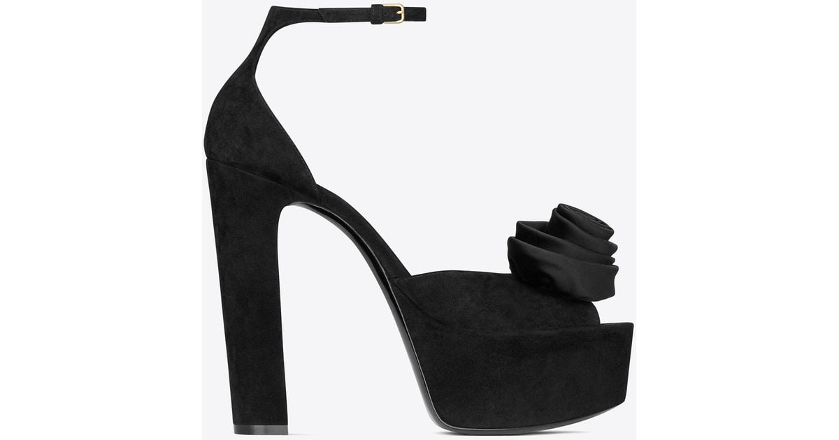 Saint Laurent Jodie Platform Sandals In Suede With Silk Satin Flower in