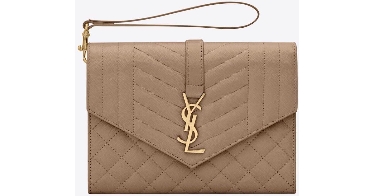 Saint Laurent Envelope Flap Pouch In Mix Matelassé Grain De Poudre Embossed Leather in White