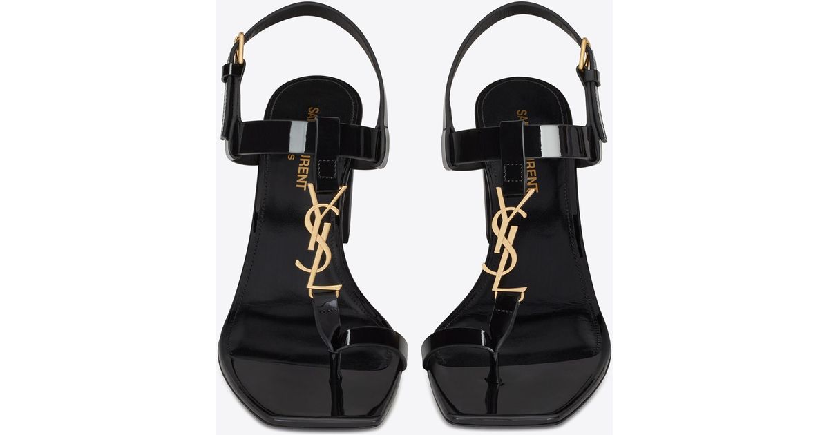 Saint Laurent Cassandra Heeled Sandals In Patent Leather With Gold-tone ...