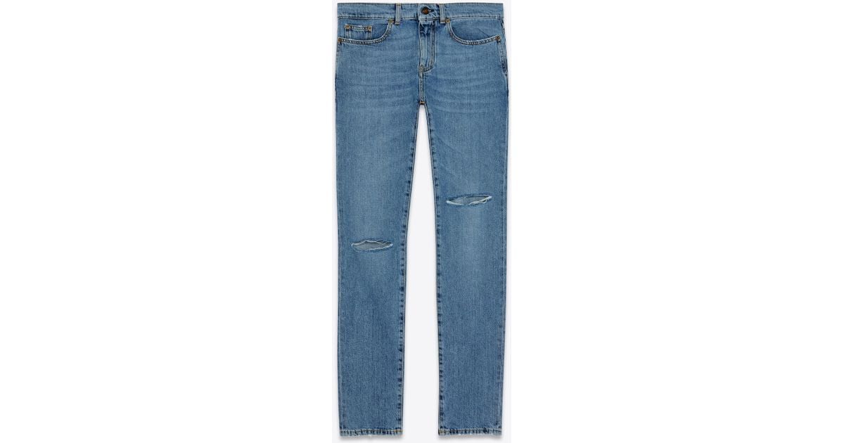 Saint Laurent Low-waisted Ripped Skinny Jeans In Faded Blue Denim With ...