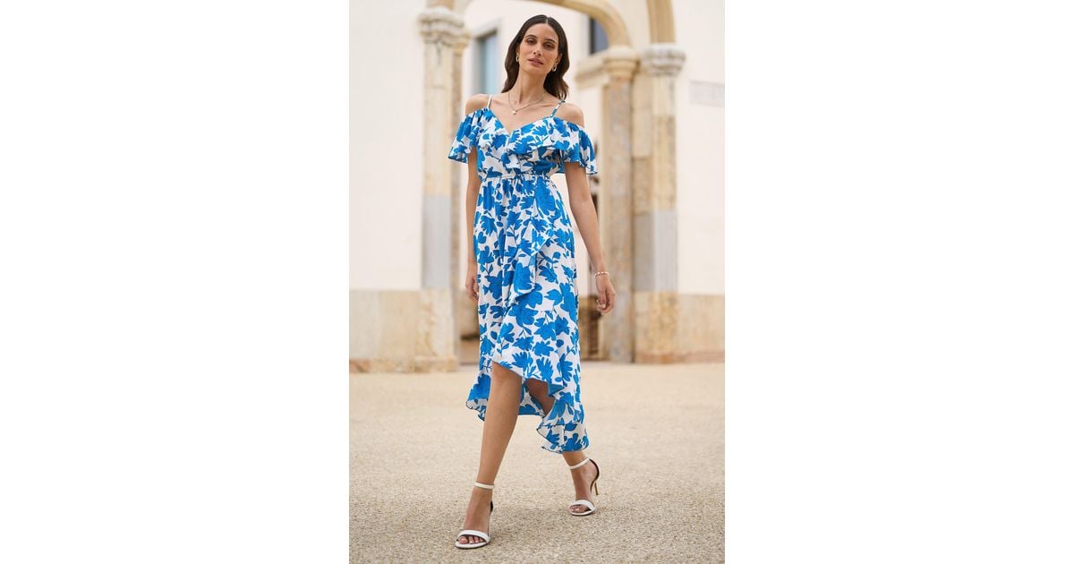 Yumi' Floral Print Bardot Midi Dress With Dip Hem in Blue Lyst UK