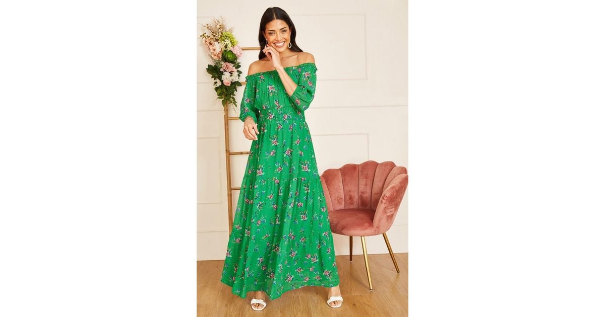 Yumi' Floral Bardot Long Sleeve Maxi Dress in Green Lyst UK