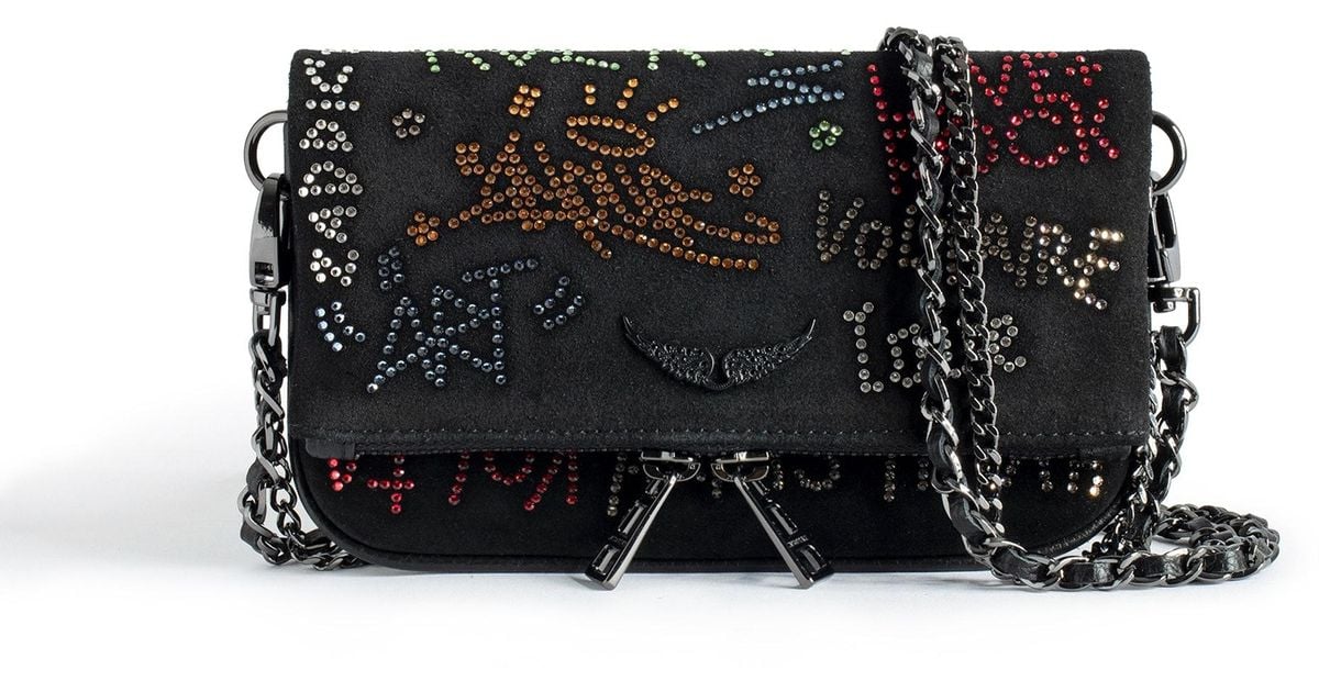 Zadig Voltaire Rock Nano Suede Tag Diamanté Clutch in Black