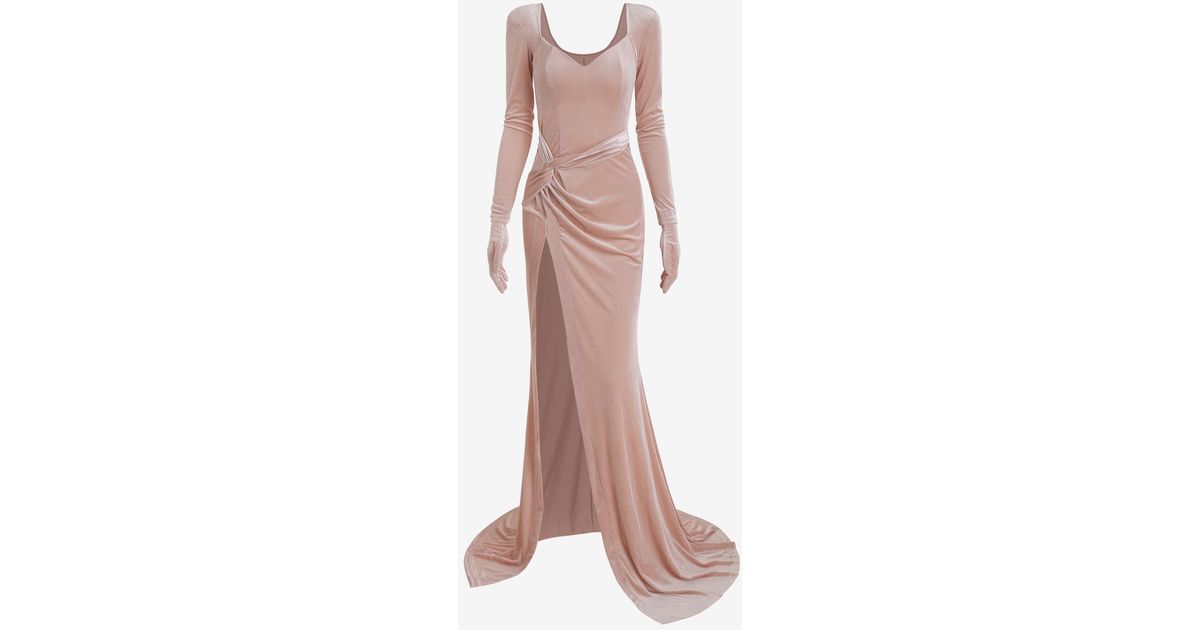 velvet gloves sleeve twisted ruched high slit evening dress