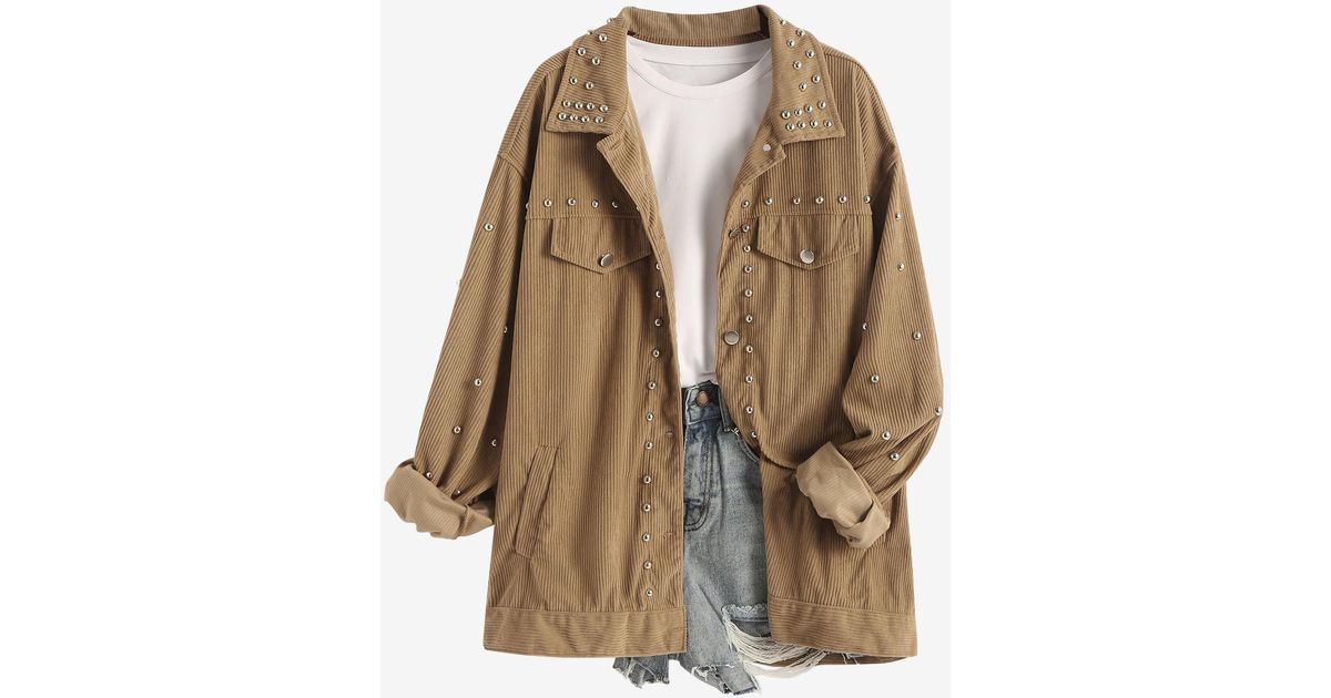 Zaful Streetwear Rivet Design Corduroy Solid Color Shacket Jacket in  Natural | Lyst