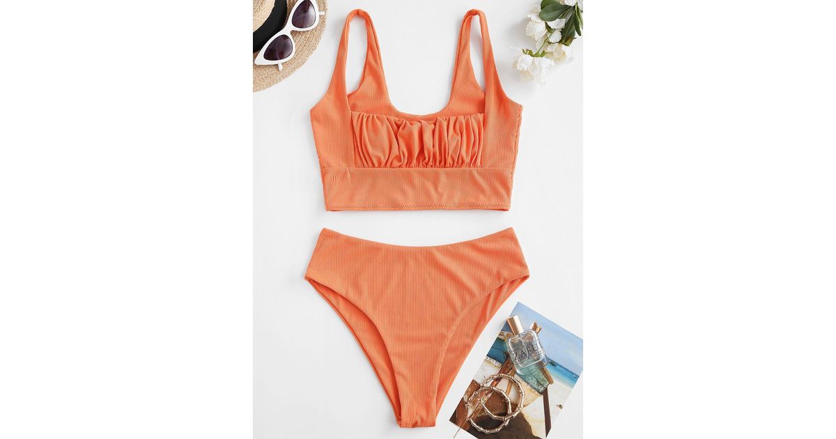 Zaful Square Ribbed Ruched Tankini Swimwear in Orange | Lyst