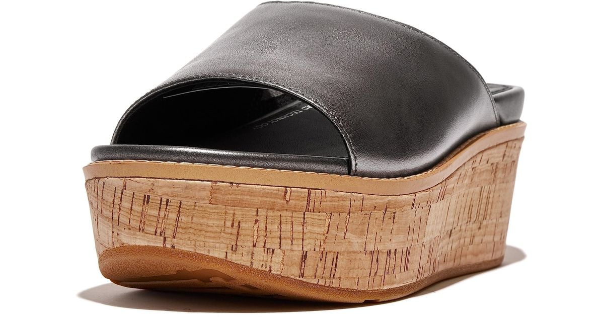 Fitflop Eloise Cork-wrap Leather Wedge Slides in Black | Lyst