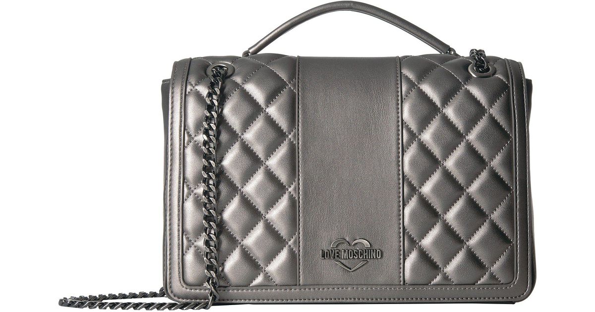 Love Moschino Quilted Metallic Shoulder Bag Chain Strap Pewter Handbags