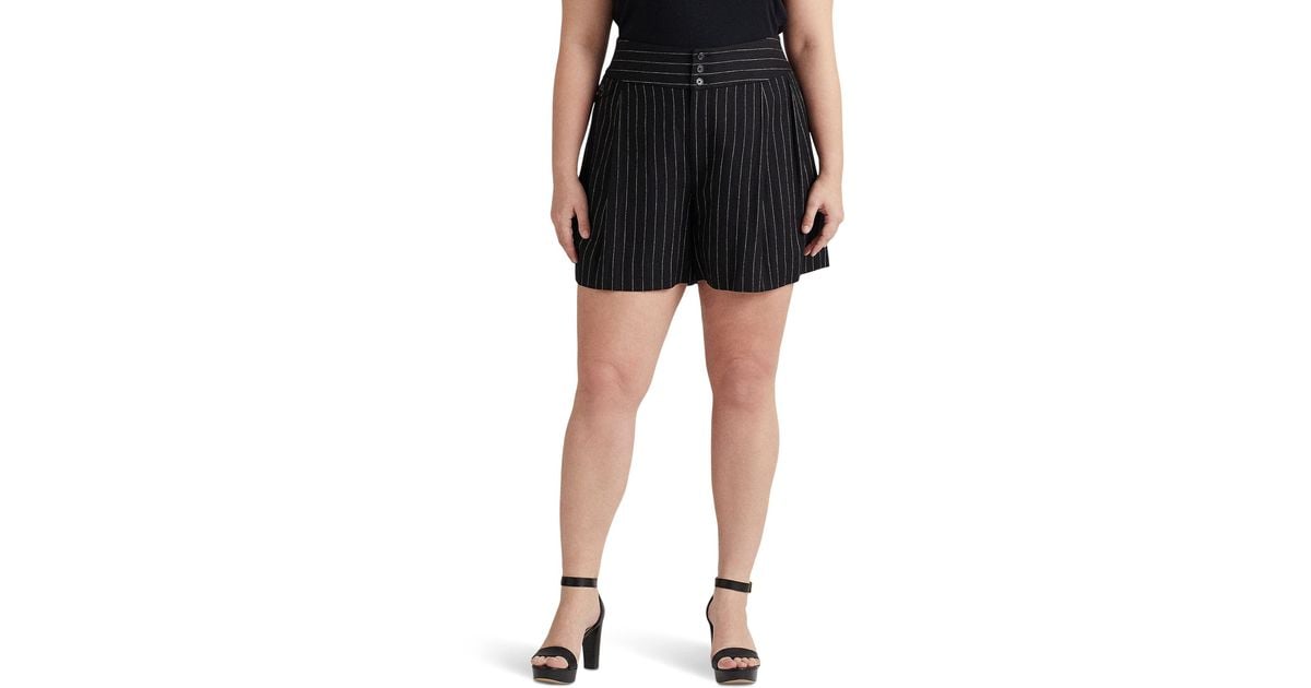 Lauren by Ralph Lauren Plus Size Pinstripe Pleated Linen Shorts in ...