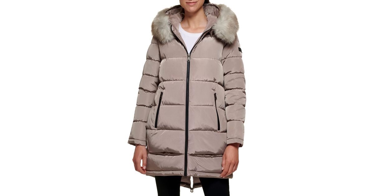 DKNY Faux Fur Hood Midi Puffer in Brown | Lyst