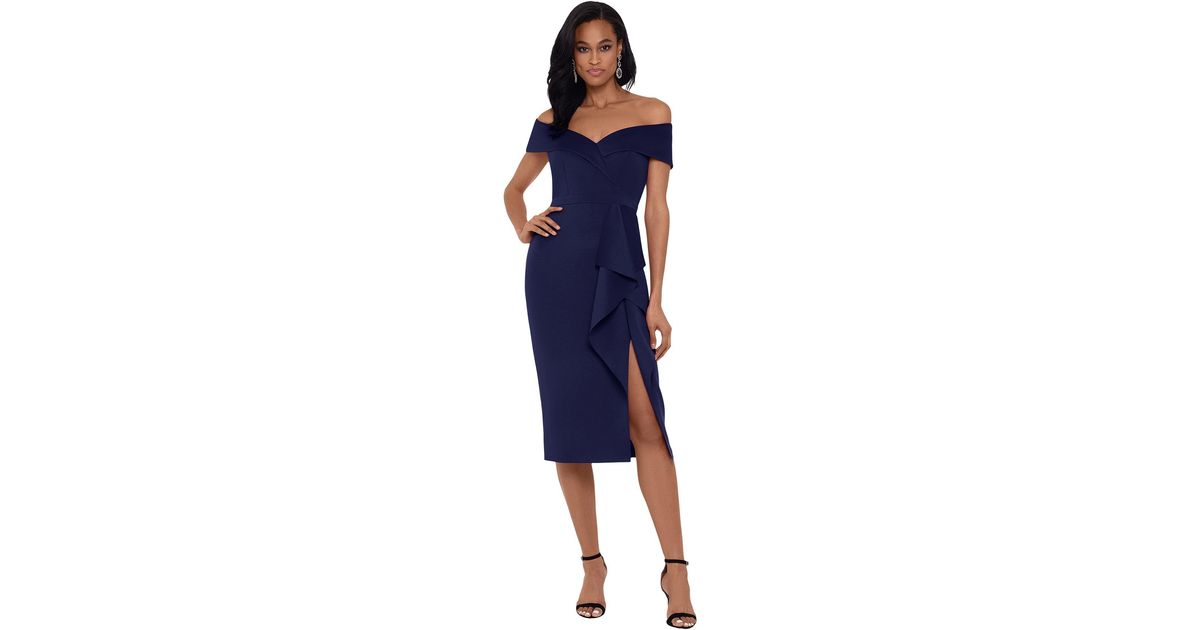Xscape Short Scuba Offtheshoulder Dress With Ruffle in Blue Lyst
