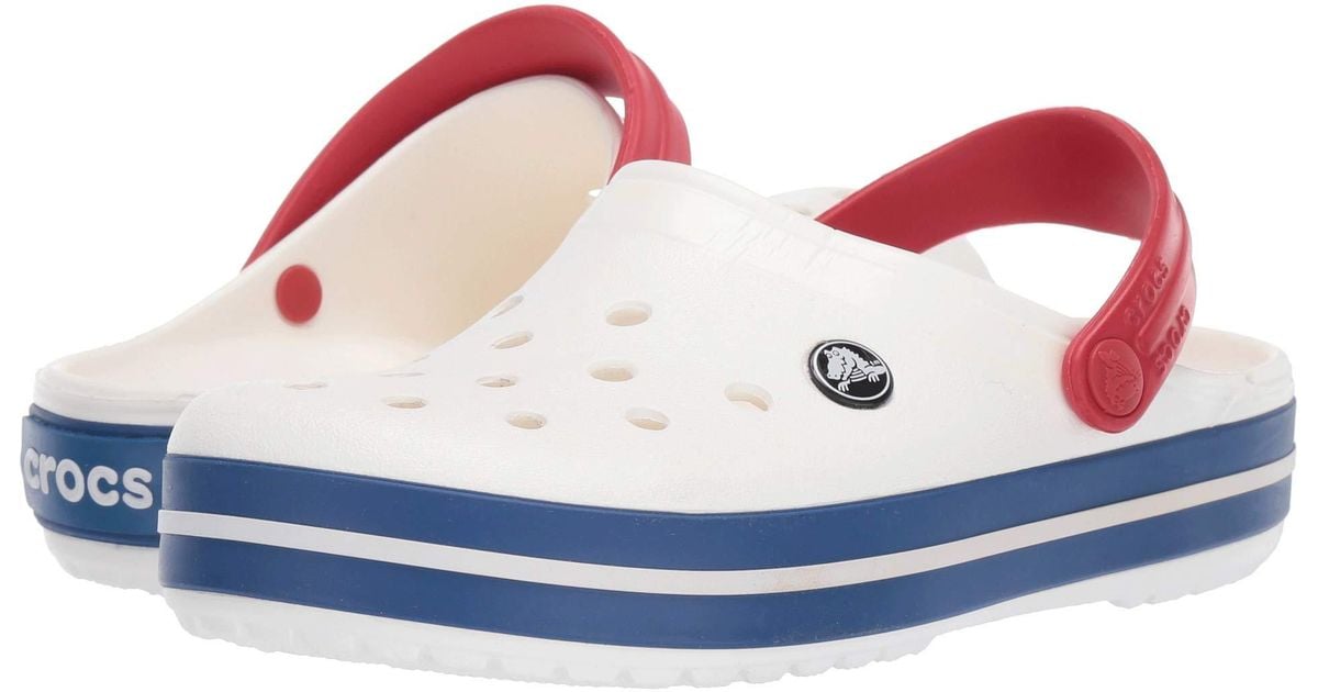 red white and blue crocs