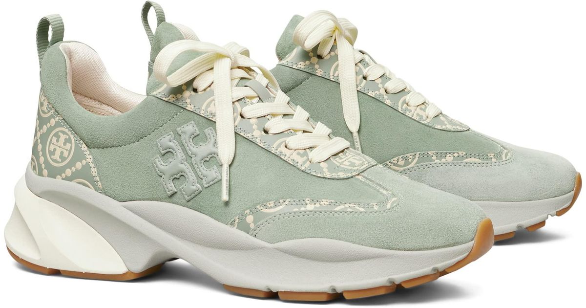 Tory Burch Suede T Monogram Good Luck Trainer in Olive (Green) | Lyst