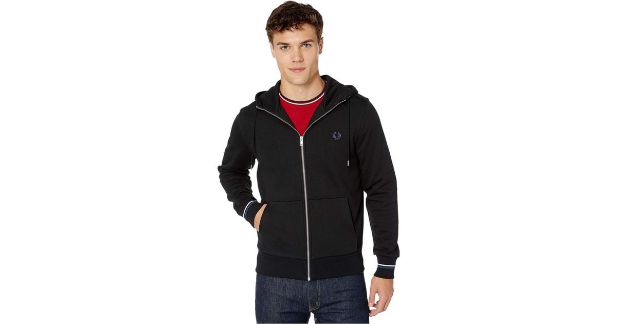 Fred Perry Cotton Hooded Zip Through Sweatshirt in Black for Men - Lyst