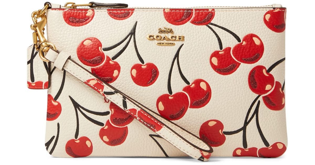 COACH Leather Cherry Print Small Wristlet in White Lyst