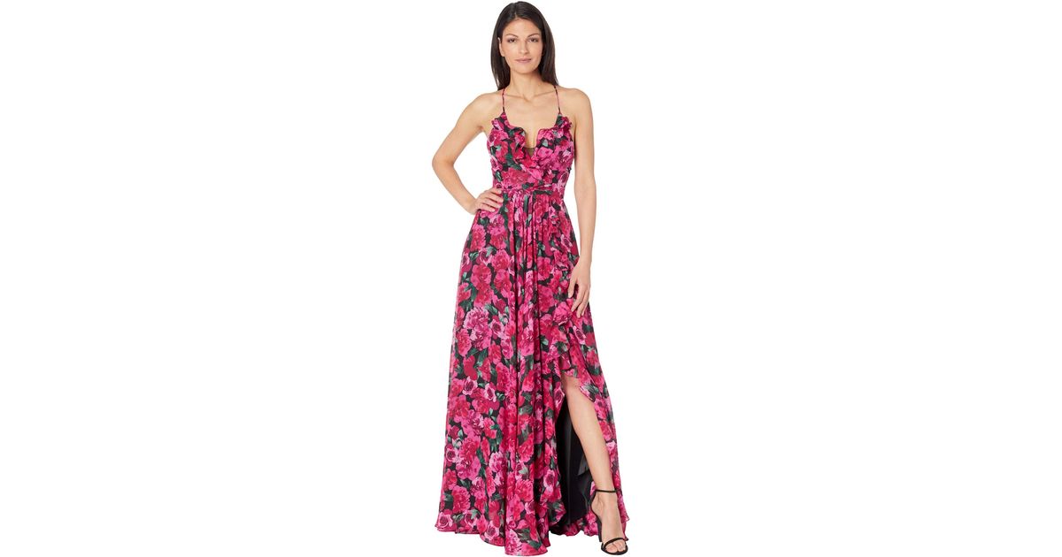 Adam Long Printed Chiffon Ruffle Gown 
