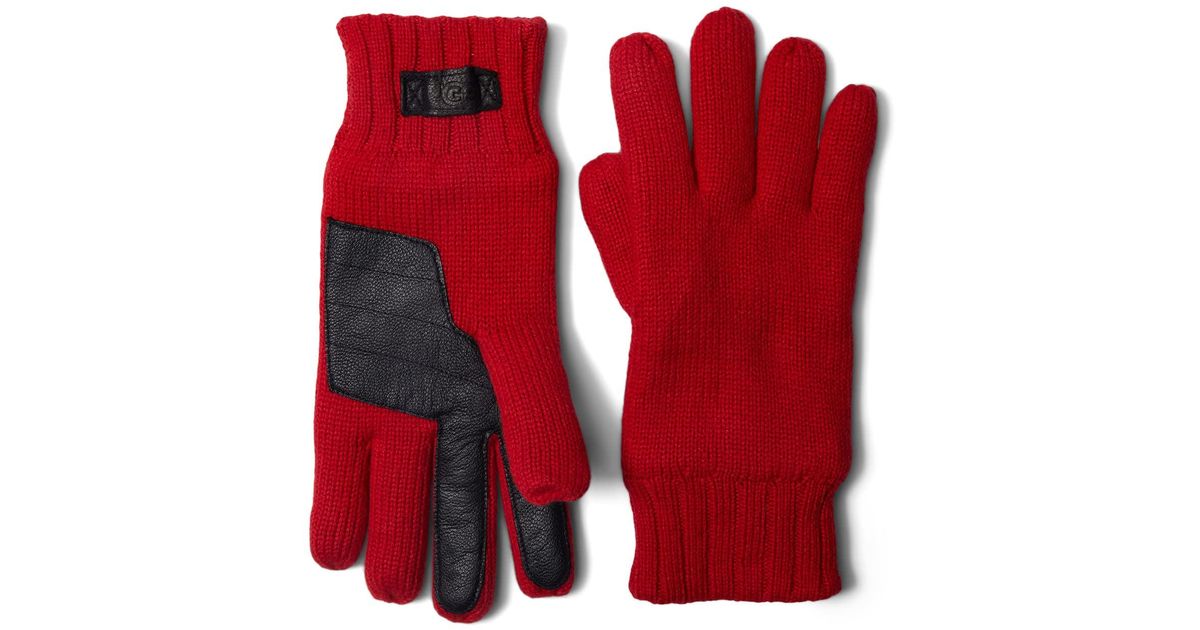 UGG Knit Gloves With Conductive Tech Leather Palm Patch in Red for Men