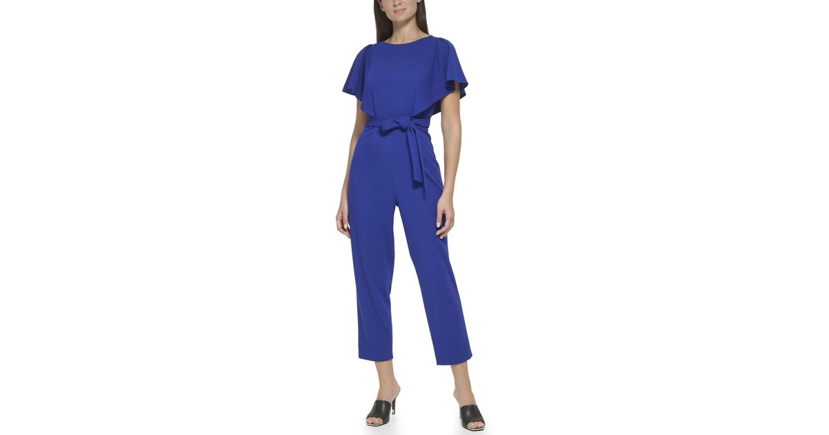 DKNY Flutter Sleeve Vneck Scuba Crepe Jumpsuit in Blue Lyst