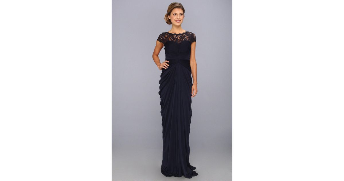 Adrianna Papell Lace Bodice On Draped Skirt Ink Dress In Blue Lyst
