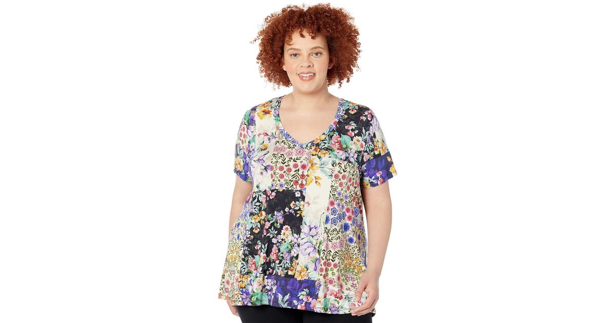 Johnny Was Synthetic Plus Size Sky Flower Favorite Short Sleeve Vneck