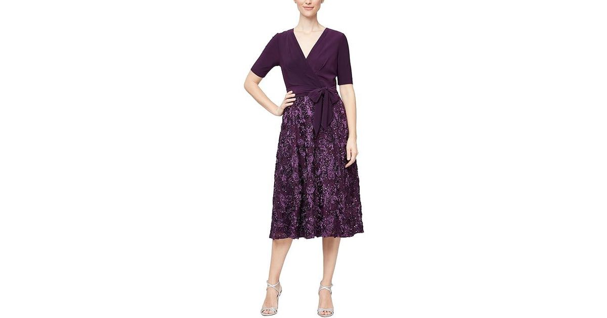 Alex Evenings Women's Tea Length Dress - Jersey & Rosette Lace, Petite & Regular Sizes, Violet