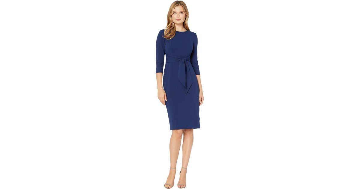 Adrianna Papell Synthetic Knit Crepe Tie Waist Sheath Dress in Navy (Blue)  | Lyst