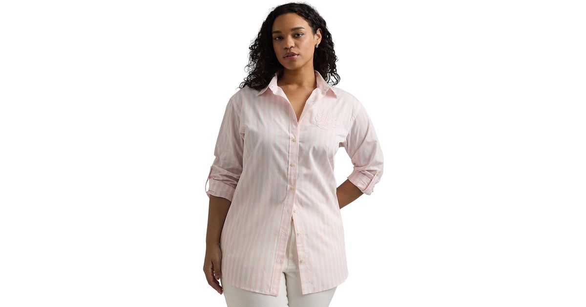 Lauren by Ralph Lauren Plus-size Oversize Striped Cotton Broadcloth Shirt  in Brown