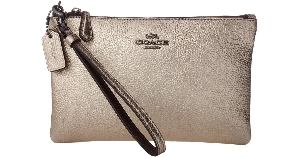 Lyst Coach Metallic Small Wristlet Gm Platinum Handbags