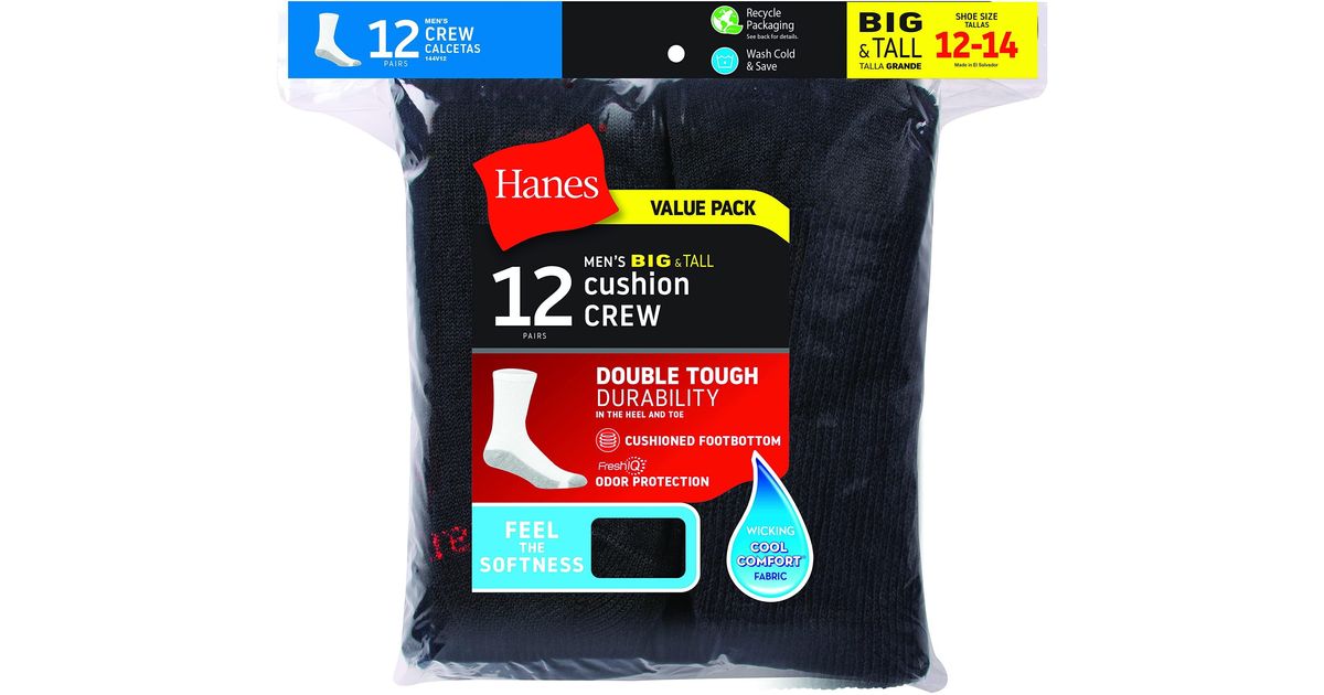 Hanes Synthetic Mens Double Tough Crew Socks, 12pair Pack in Black for