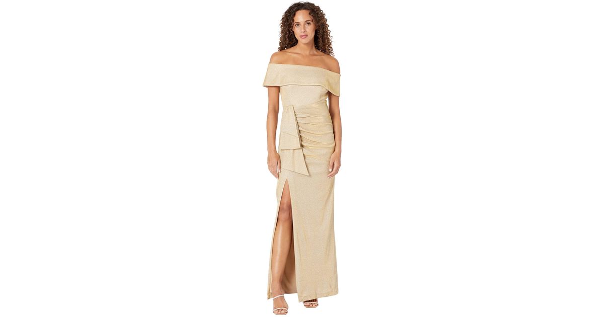 xscape off the shoulder glitter gown