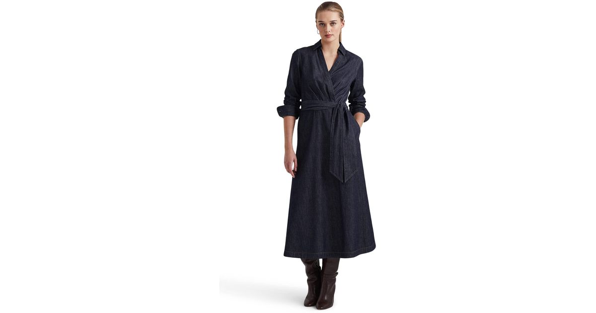 Lauren by Ralph Lauren Denim Surplice Midi Dress in Blue Lyst