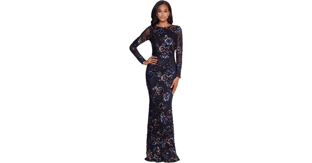 Long Sleeve Floral Sequin Gown 