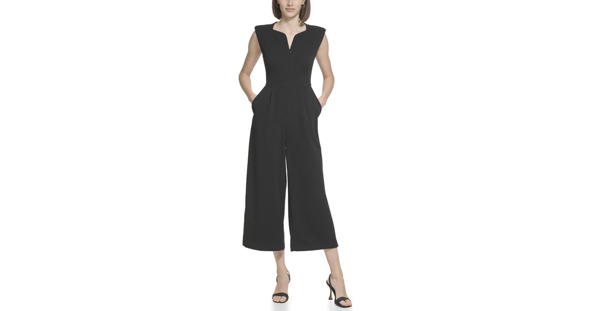 Calvin Klein Scuba Crepe Jumpsuit With Zipper In Black Lyst 4319