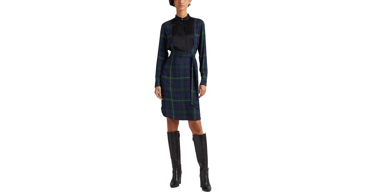 Ralph Lauren Belted Plaid Crepe Shirtdress in Blue Lyst